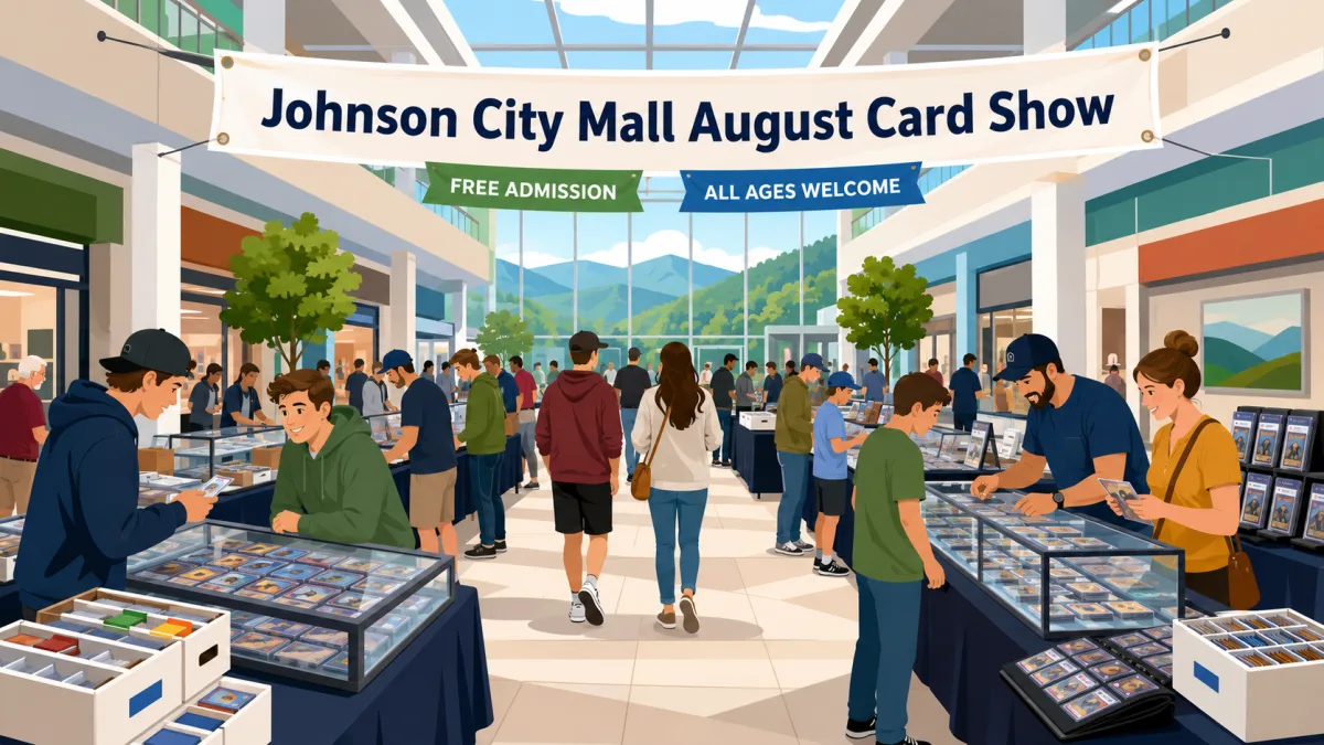 Illustration of collectors browsing card tables inside a shopping mall beneath a Johnson City Mall August Card Show banner.