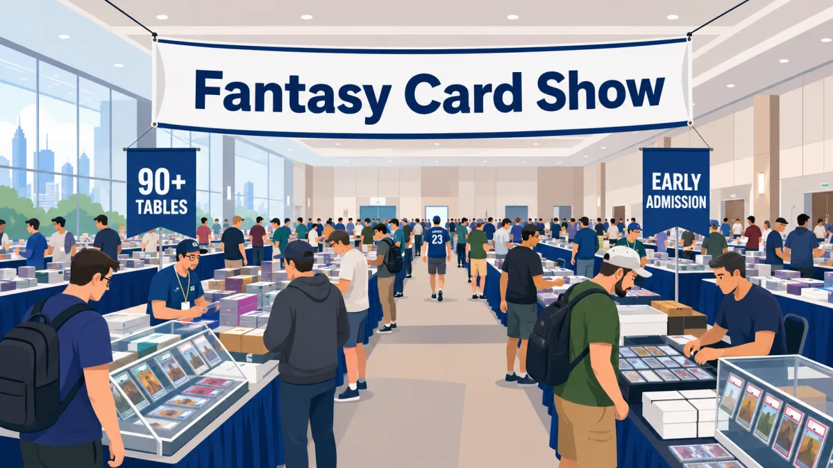 Fantasy Card Show convention hall packed with collectors browsing glass cases of graded slabs, with "90+ tables" and "early admission" banners overhead