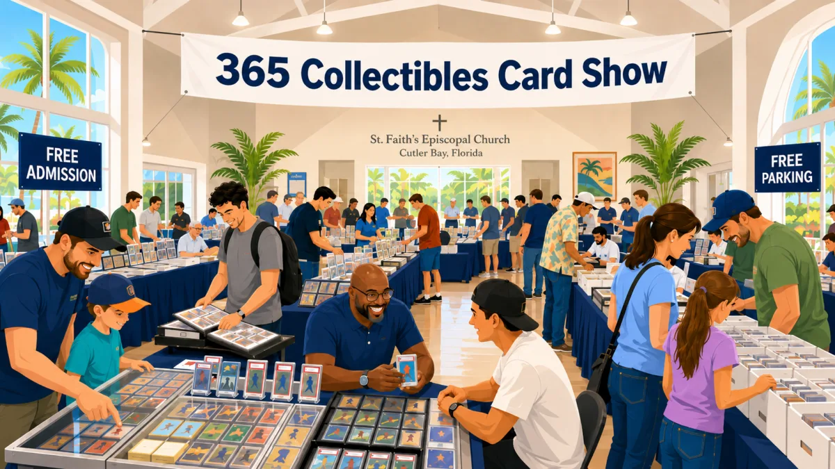 Illustration of collectors browsing card tables and display cases inside a bright community event hall beneath a 365 Collectibles Card Show banner with free admission and free parking callouts.