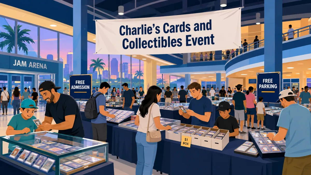 Illustration of families and collectors browsing card and collectible vendor tables inside JAM Arena beneath a Charlie’s Cards and Collectibles Event banner with free admission and free parking callouts.