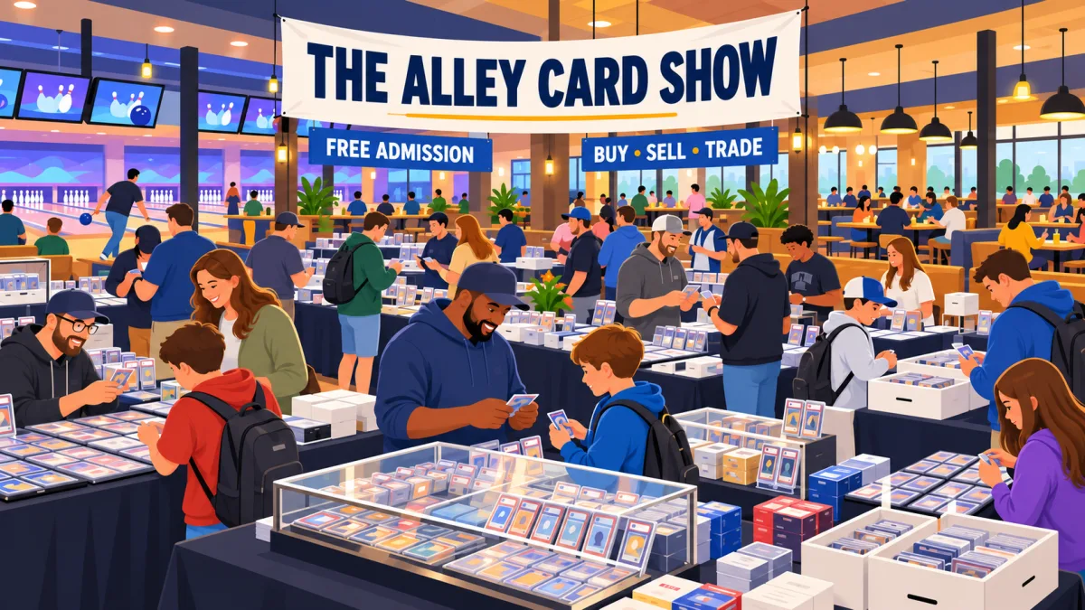 Illustrated card show inside a Mokena dining and entertainment venue, with collectors browsing display cases and binders beneath The Alley Card Show and Free Admission signs.