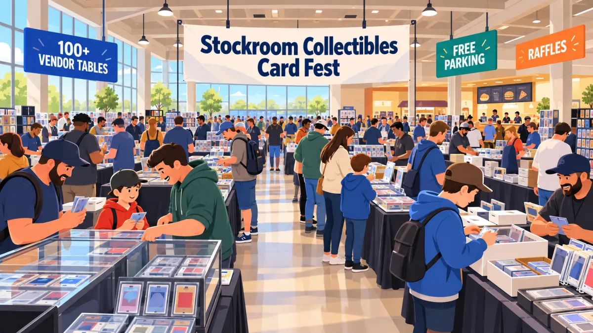 Illustration of collectors and families browsing vendor tables inside Oak Lawn Pavilion beneath a Stockroom Collectibles Card Fest banner.