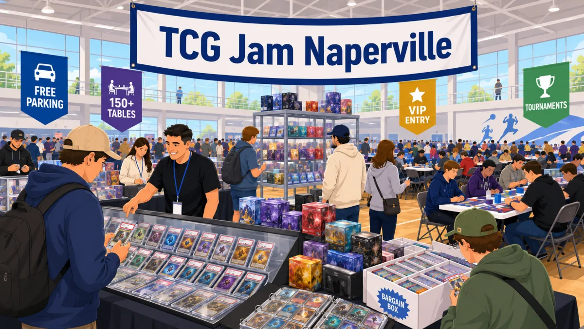 TCG Jam Naperville convention floor with 150+ vendor tables, graded card slabs and booster boxes at dealer booths, bargain box browsing, and active tournament area.