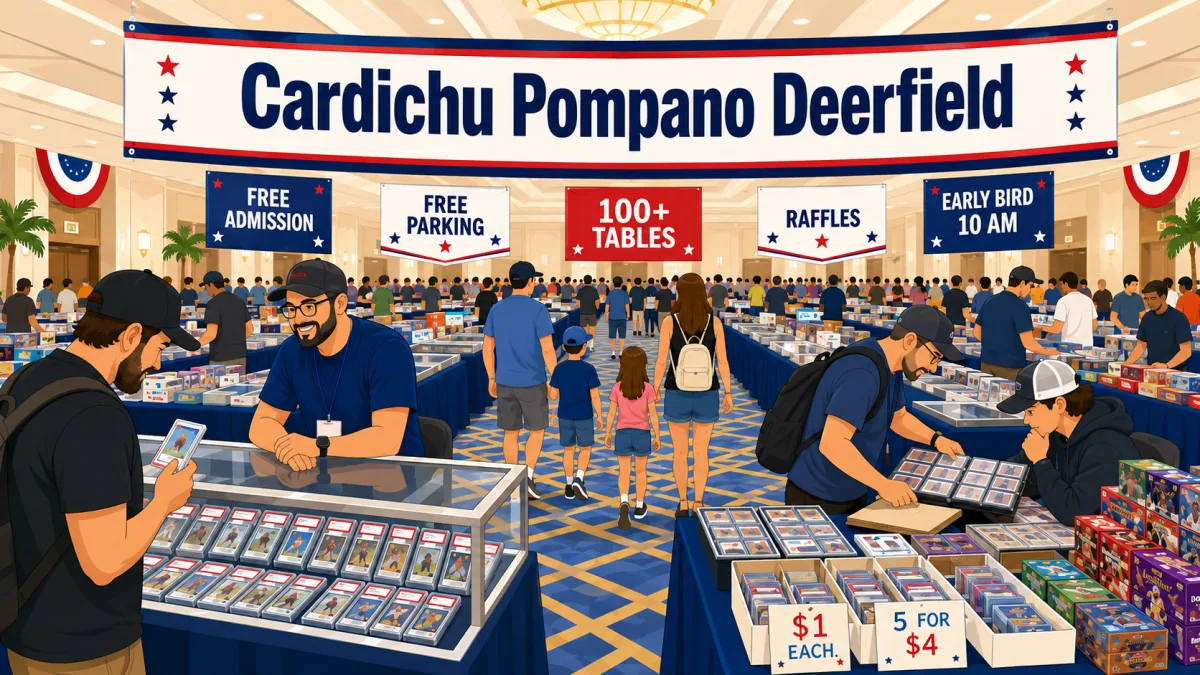 Cardichu trading card show in a crowded Pompano Beach, Florida ballroom, with rows of graded card display cases, bargain boxes, and 100+ vendor tables