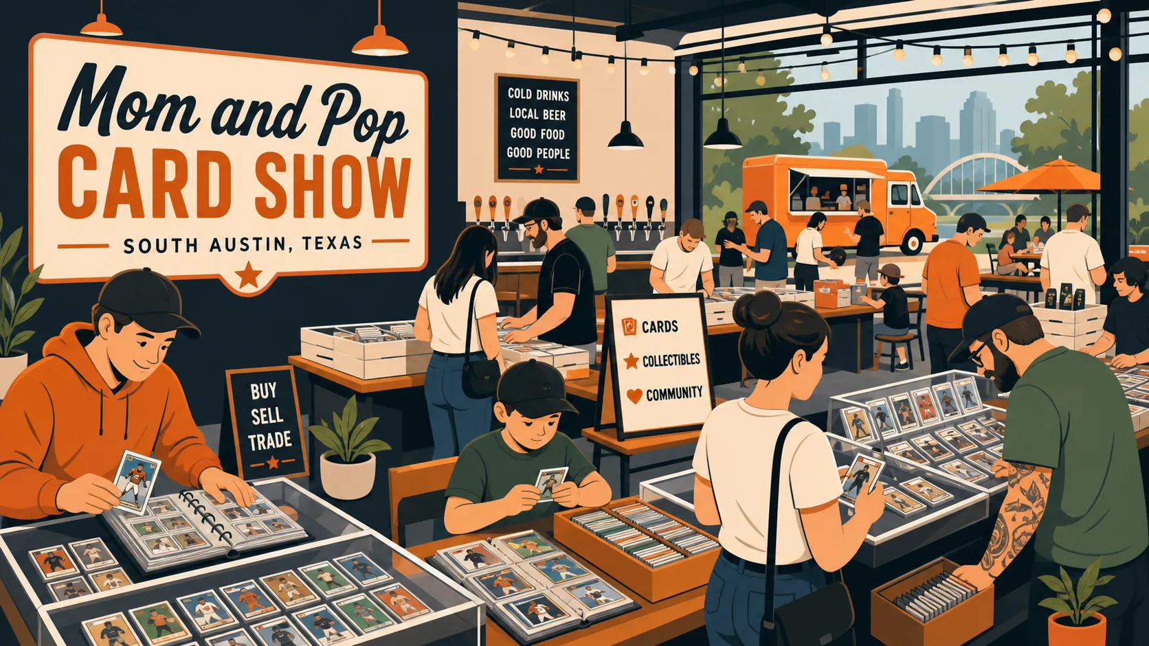 Mom and Pop Card Show at a South Austin brewery taproom, with families browsing glass cases of graded sports cards, beer taps, and a burger food truck.