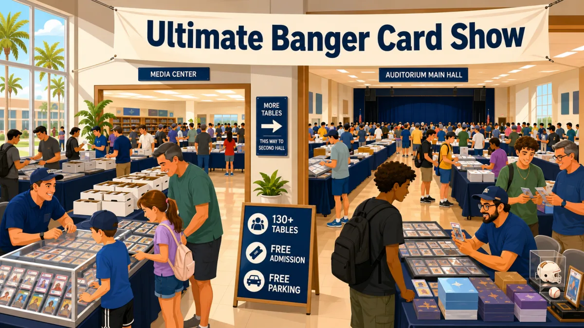 Editorial illustration of families and collectors browsing 130+ vendor tables beneath an Ultimate Banger Card Show banner inside the Lake Brantley school venue; verify against the finished image.