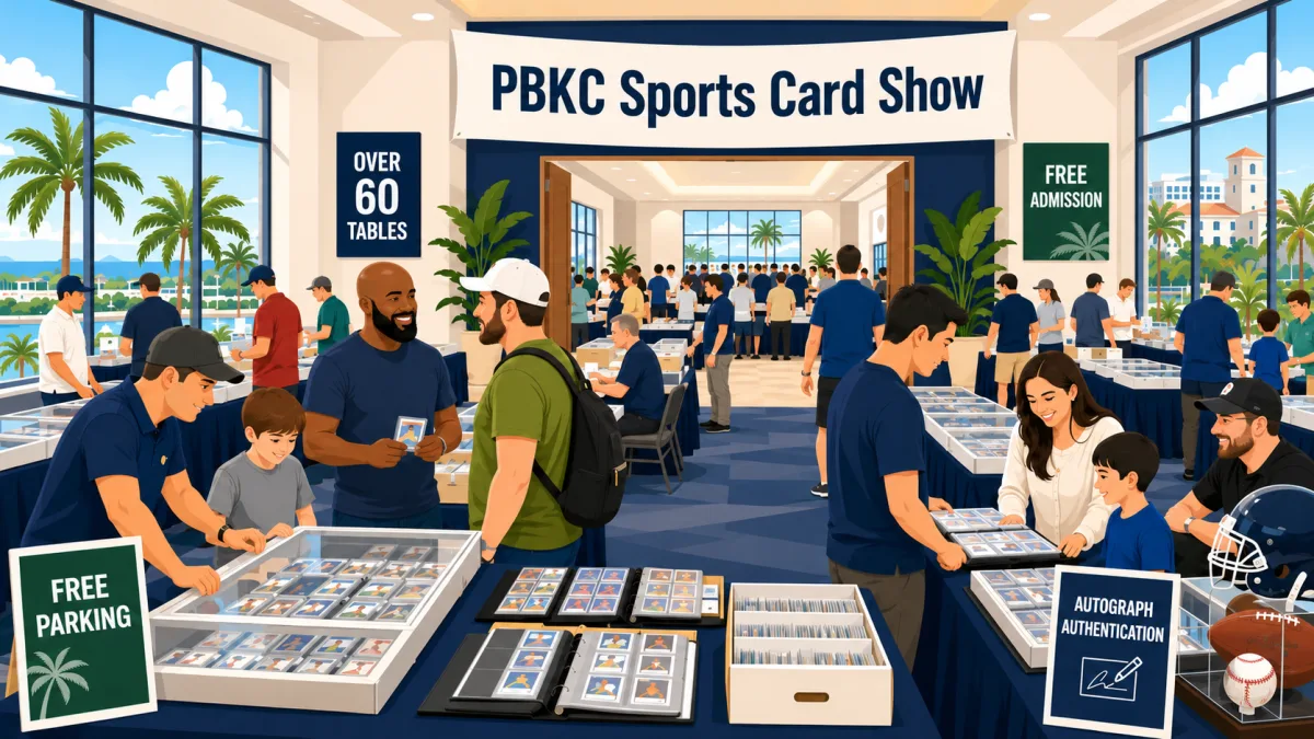Illustrated second-floor PBKC card show in West Palm Beach with collectors browsing vendor tables beneath PBKC Sports Card Show signage.
