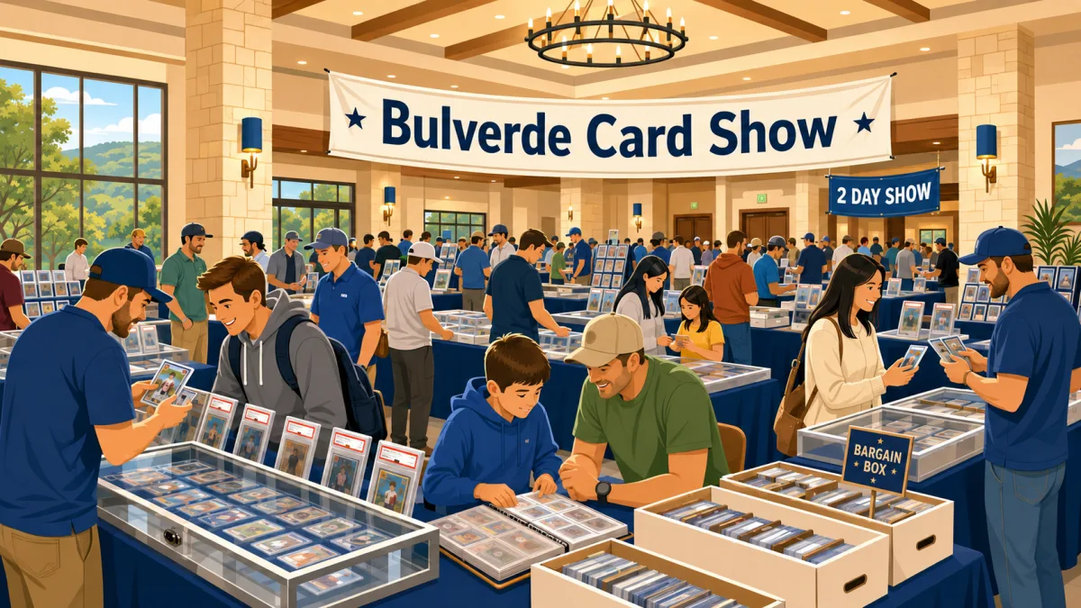 An illustrated card show inside a bright Hill Country event-center ballroom, with collectors browsing vendor tables beneath a Bulverde Card Show banner.