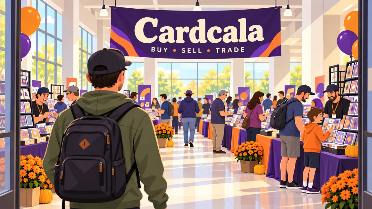 Collectors browse trading cards and memorabilia beneath a Cardcala banner in a bright event hall. Orange and purple accents and small pumpkin decorations add an autumn theme.