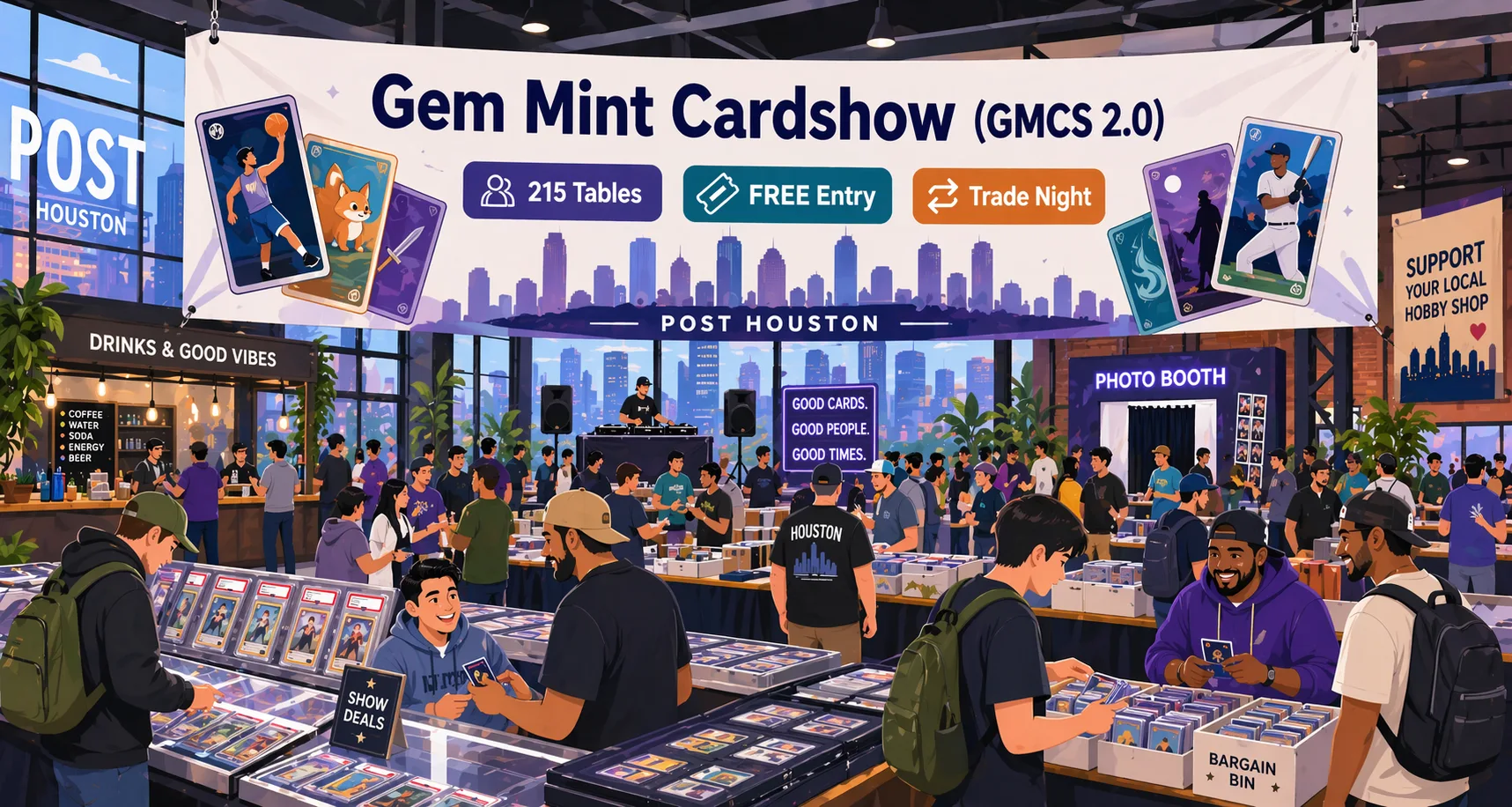 Illustration of Gemmint Cardshow (GMCS 2.0) at POST Houston, showing a busy downtown show floor with card vendors, display cases, collectors trading, artist booths, and a DJ in the background adding to the lively Houston hobby atmosphere.