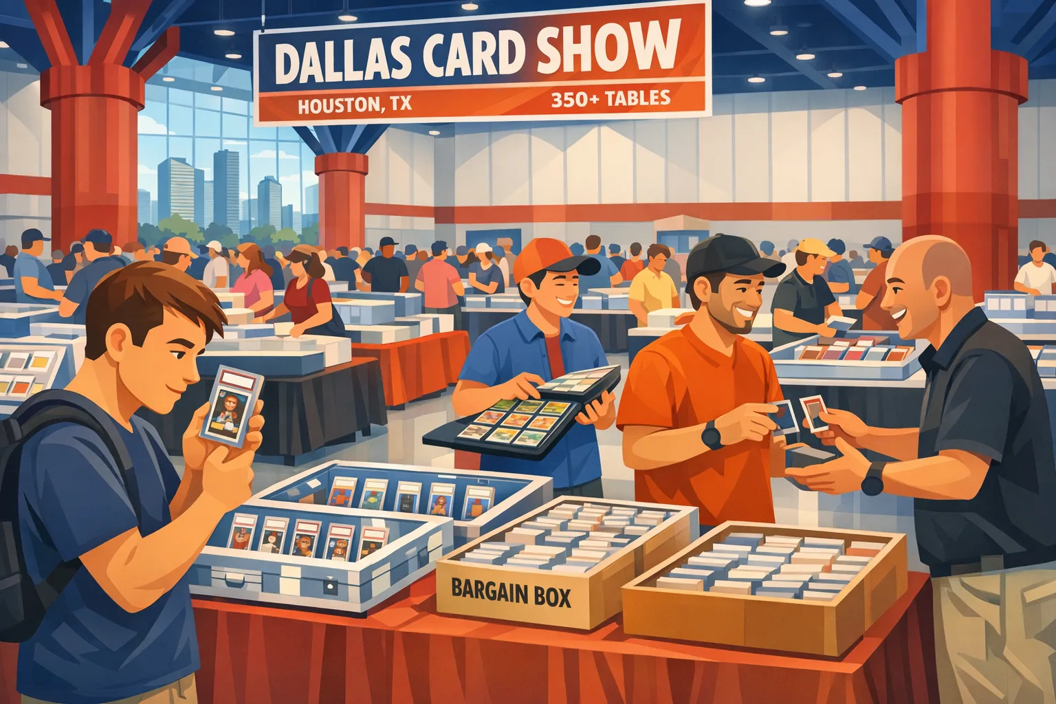 Illustration of the Dallas Card Show in Houston, Texas, in August 2026, showing a large convention card show with vendor tables, sports card displays, Pokémon cards, graded slabs, and collectors browsing at George R. Brown Convention Center.