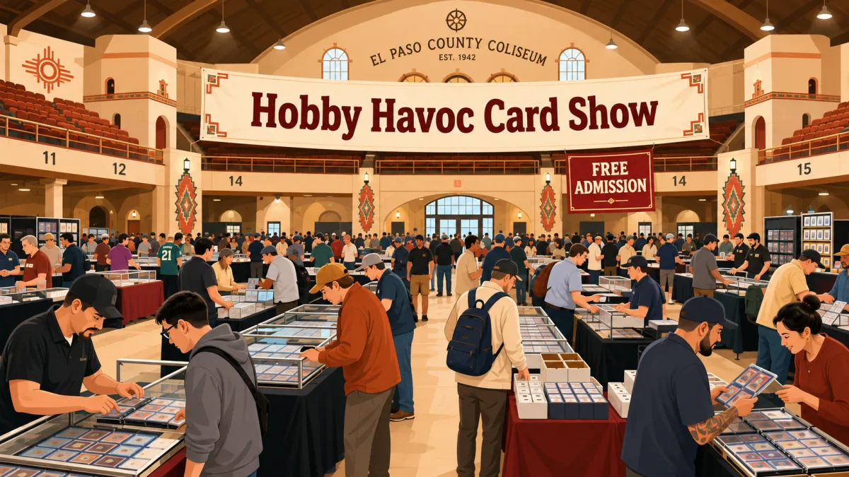 Illustrated Hobby Havoc Card Show floor inside the El Paso County Coliseum, with collectors browsing card tables beneath a free-admission event banner.