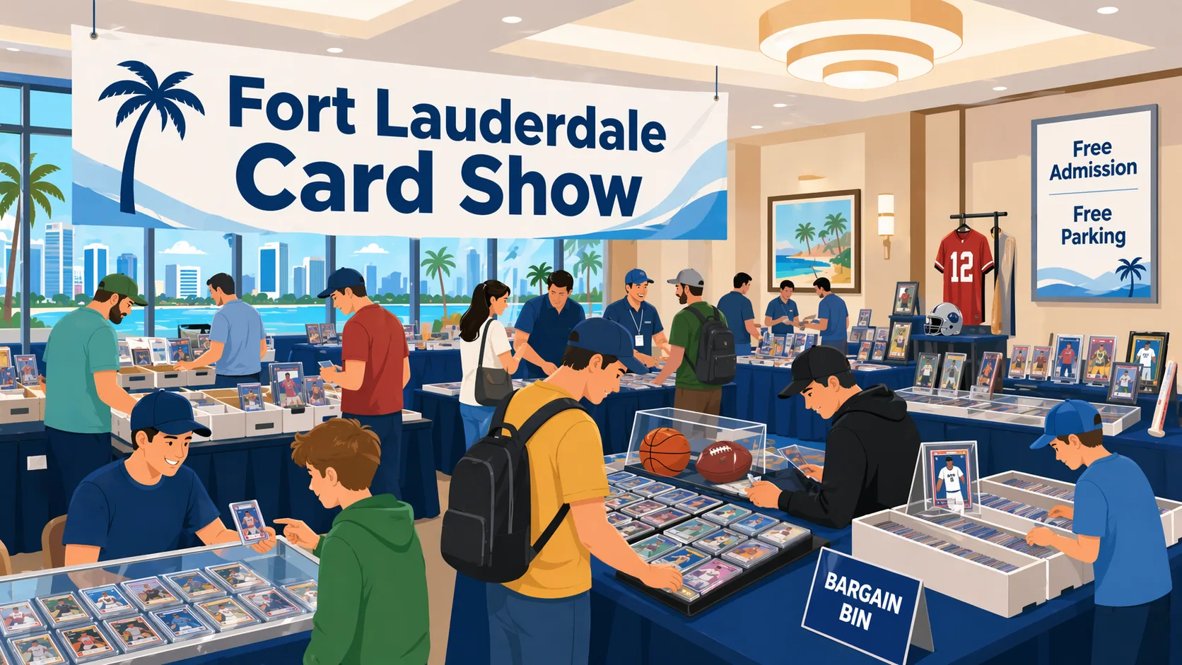 Illustration of the Fort Lauderdale Card Show in Fort Lauderdale, Florida, inside a busy hotel event room with vendor tables, display cases, sports card slabs, Pokémon binders, memorabilia, and a seated man handing a child a graded card slab.