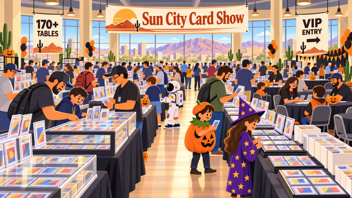 Collectors and families browse card tables in a bright event hall decorated for Halloween beneath a Sun City Card Show banner. Some visitors wear costumes, and round tables provide seating beside the vendor aisles.