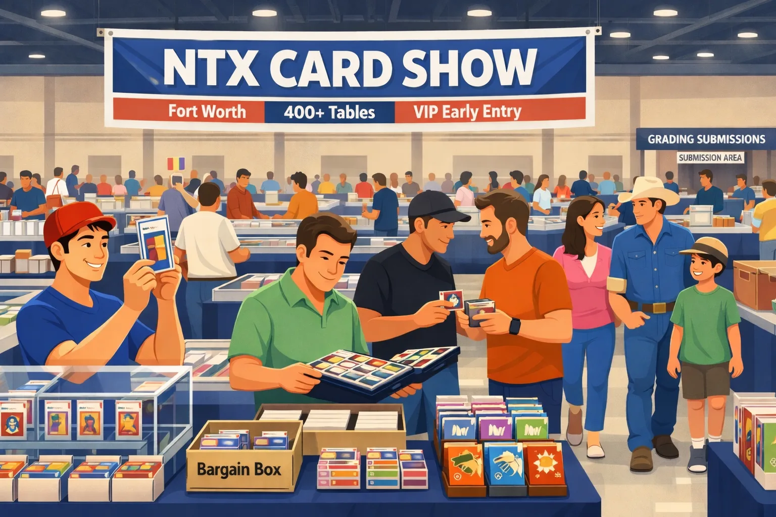 NTX Card Show hero image for Fort Worth, Texas in April 2026, featuring a busy exhibit hall with vendor tables, graded cards, TCG binders, display cases, and collectors browsing the floor.