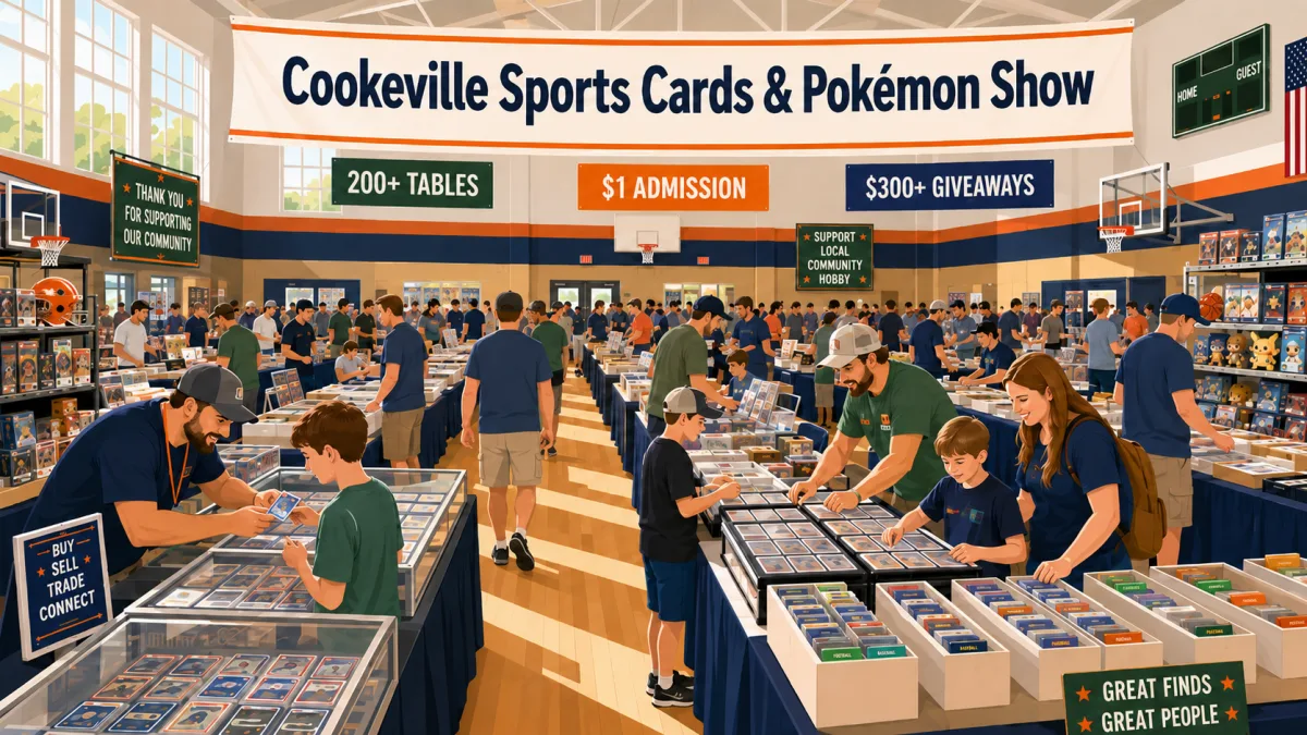 Illustration of collectors and families browsing card tables in a school gym beneath a Cookeville Sports Cards & Pokémon Show banner with 201 tables, $1 admission, and giveaway callouts.