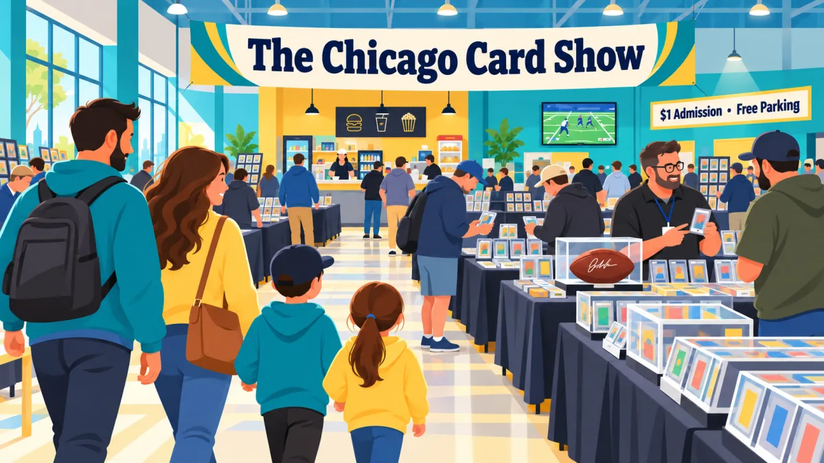 Collectors and a family browse card displays beneath a banner reading The Chicago Card Show inside a bright community hall. A food counter and a screen showing football appear in the background.