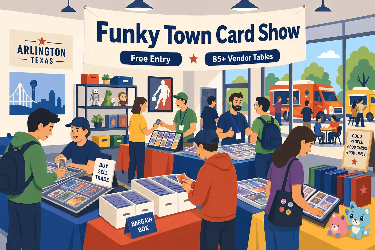 Illustration of Funky Town Card Show in Arlington, Texas, showing a busy community-center card show with vendor tables, display cases, slabs, binders, collectibles, and collectors browsing.