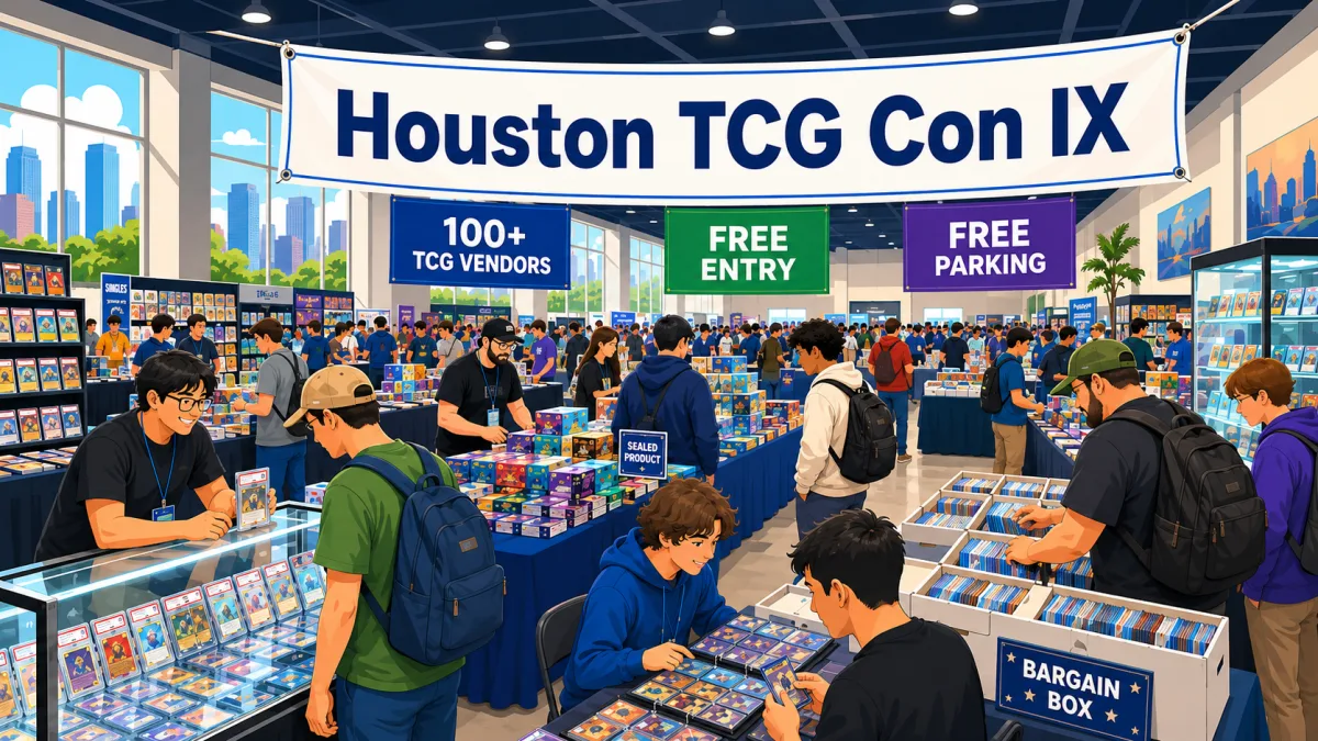Houston TCG Con IX trading card convention in Houston, Texas, with packed vendor hall, glass cases of graded card slabs, sealed product tables, and bargain box bins