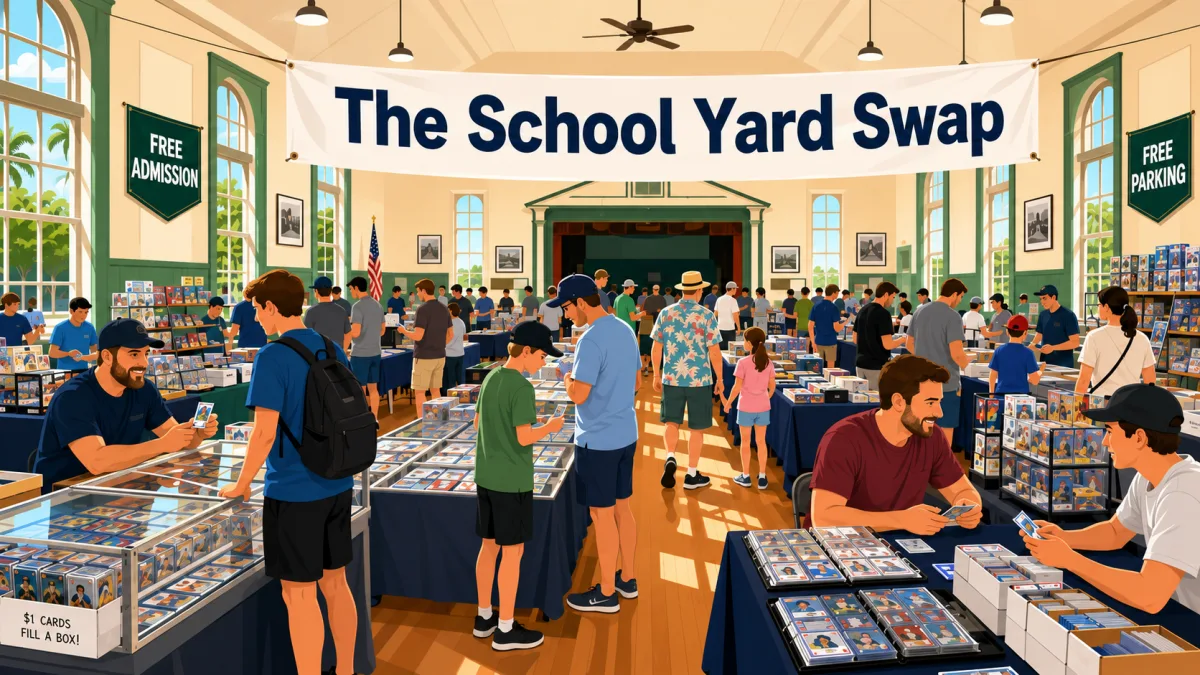 The School Yard Swap trading card show fills a sunlit hall with collectors browsing rows of tables, glass display cases, and dollar bargain box bins.