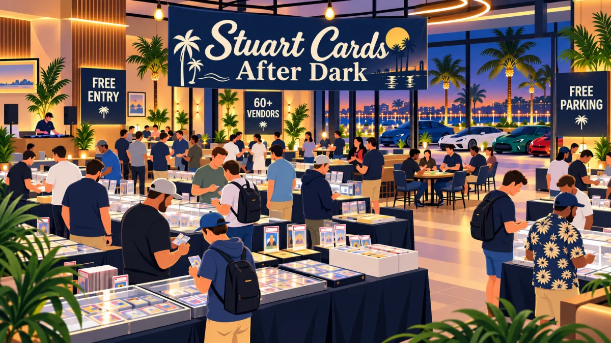 Illustration of collectors browsing card tables inside a Stuart lounge beneath a Stuart Cards After Dark banner, with evening show cars visible outside.