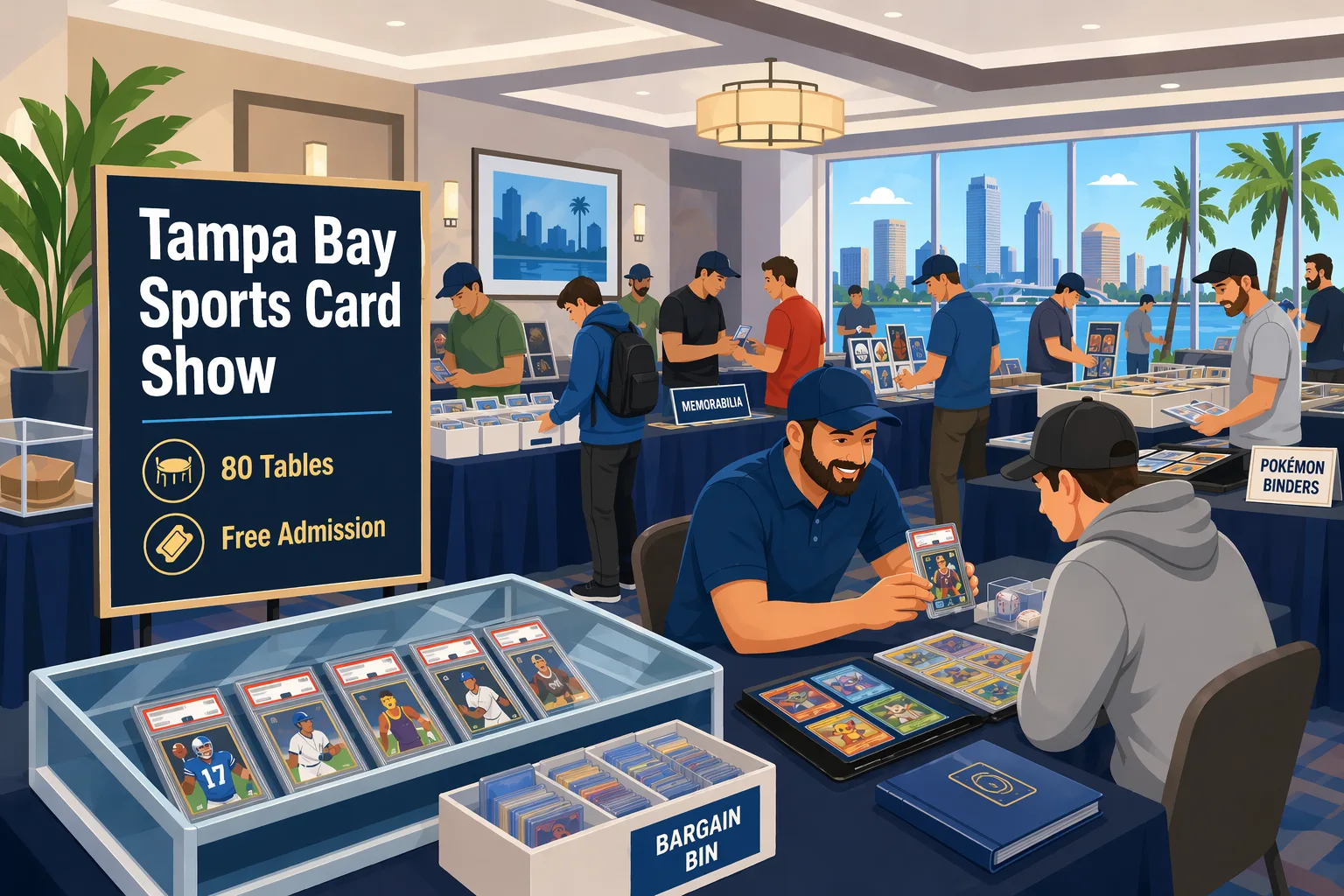 Illustration of the Tampa Bay Sports Card Show in Tampa, Florida, showing a busy hotel event room with vendor tables, glass cases, sports card slabs, Pokémon binders, memorabilia displays, and collectors browsing and trading.