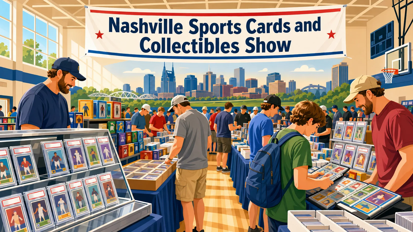 Nashville Sports Cards and Collectibles Show in a school gymnasium with graded card display cases, vendor tables, and collectors browsing binders under a skyline banner.
