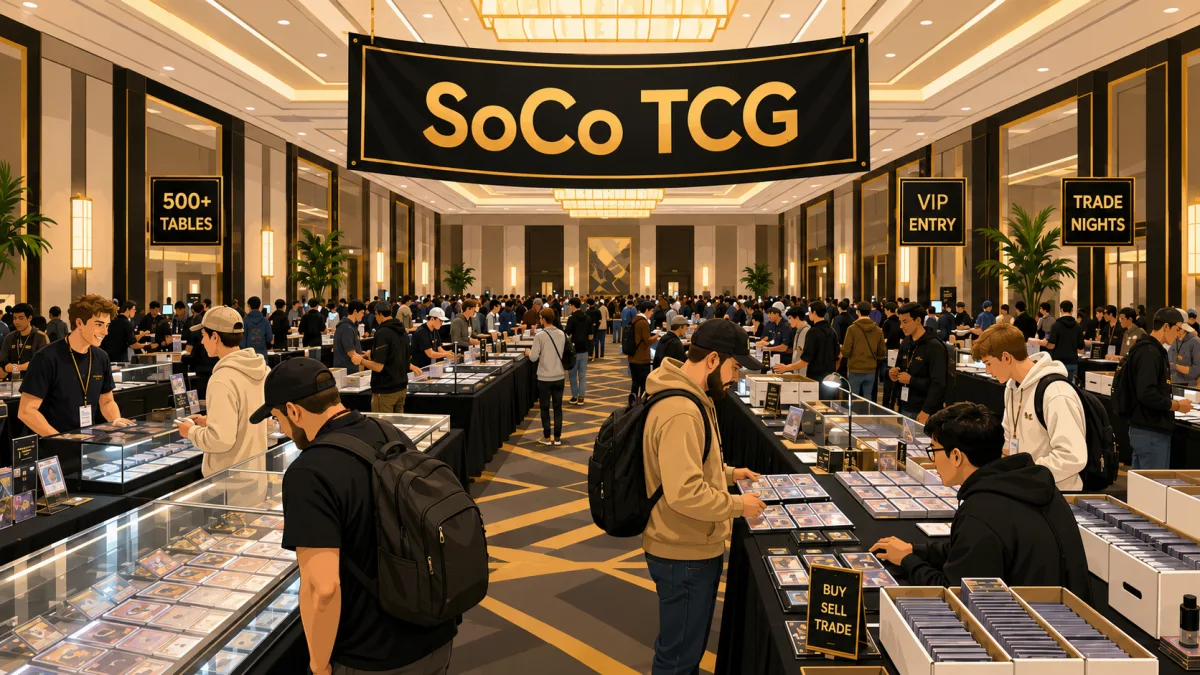 Illustrated SoCo TCG marketplace inside the Renaissance Schaumburg Convention Center, with collectors browsing rows of trading card tables beneath an event banner.