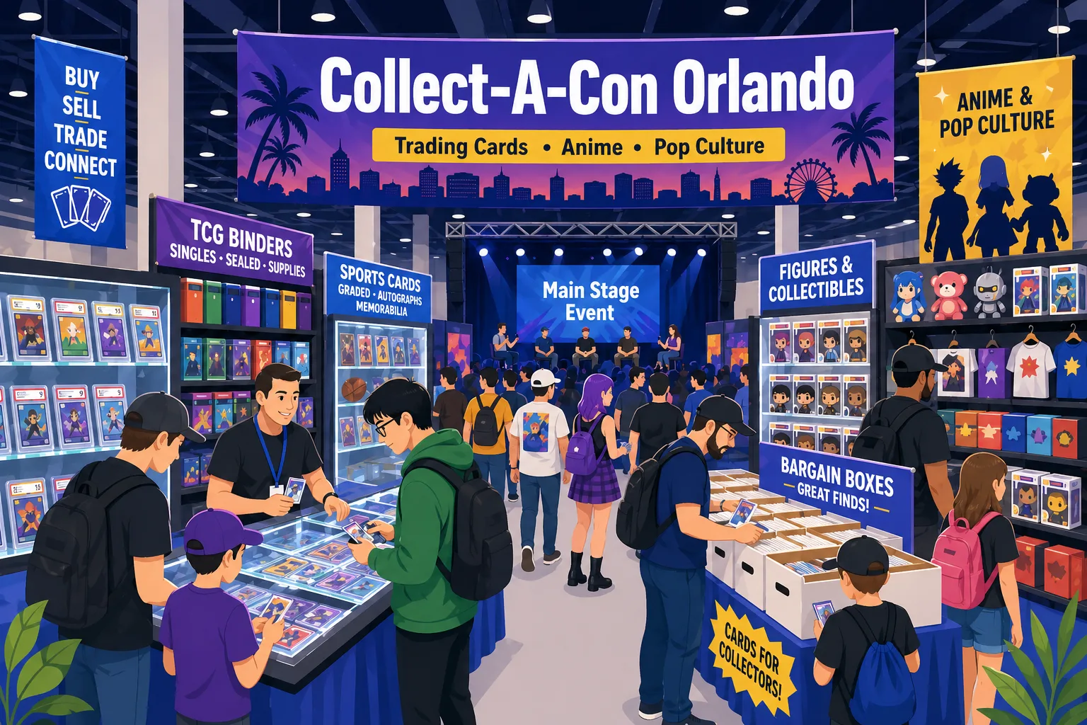 Collect-A-Con Orlando convention floor with graded sports card displays, anime figures and Funko Pops, bargain card boxes, and a main stage crowd.