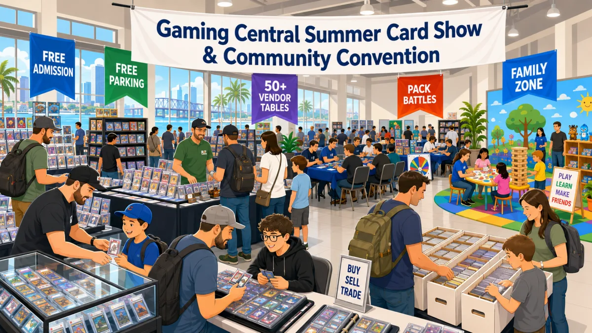 Gaming Central Summer Card Show attendees browsing graded slab display cases, 50+ vendor tables, dollar box bins, and a kids Family Zone play area
