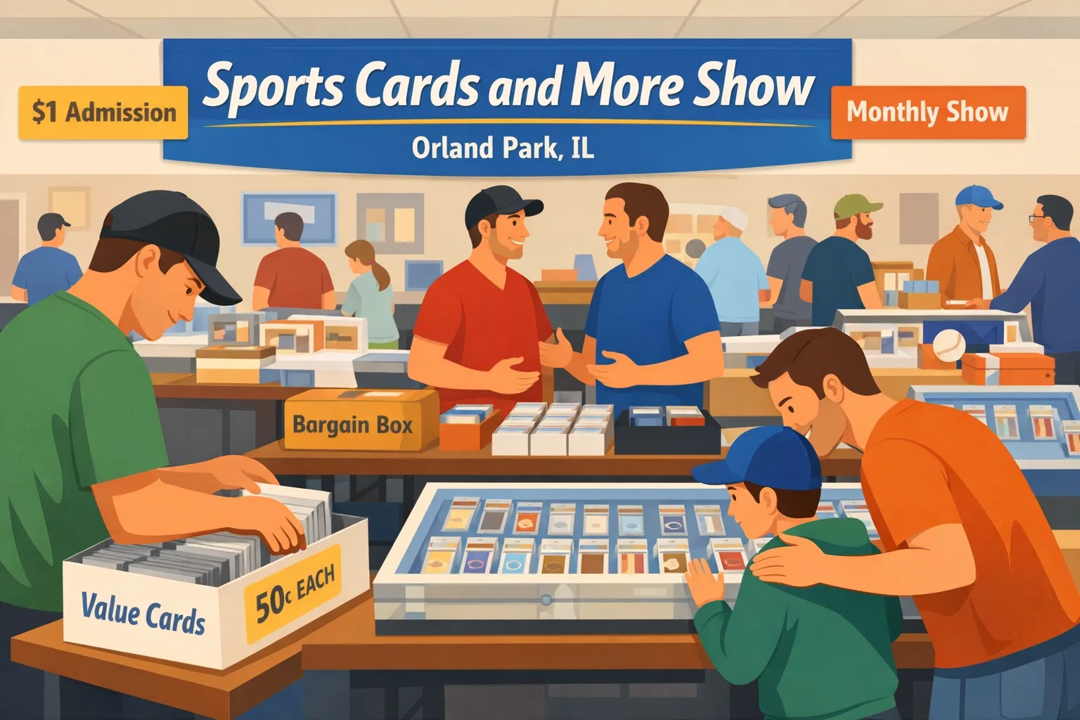 Sports Cards and More Show in Orland Park, Illinois, inside a civic center with vendor tables, display cases, sports card slabs, bargain boxes, and a dad looking over a glass case of cards with his son while collectors browse.