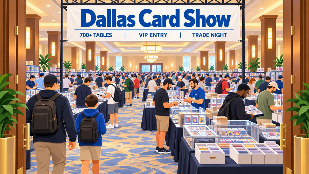 Illustration of collectors browsing card tables inside a large hotel convention hall beneath a Dallas Card Show banner with VIP entry and trade night callouts.