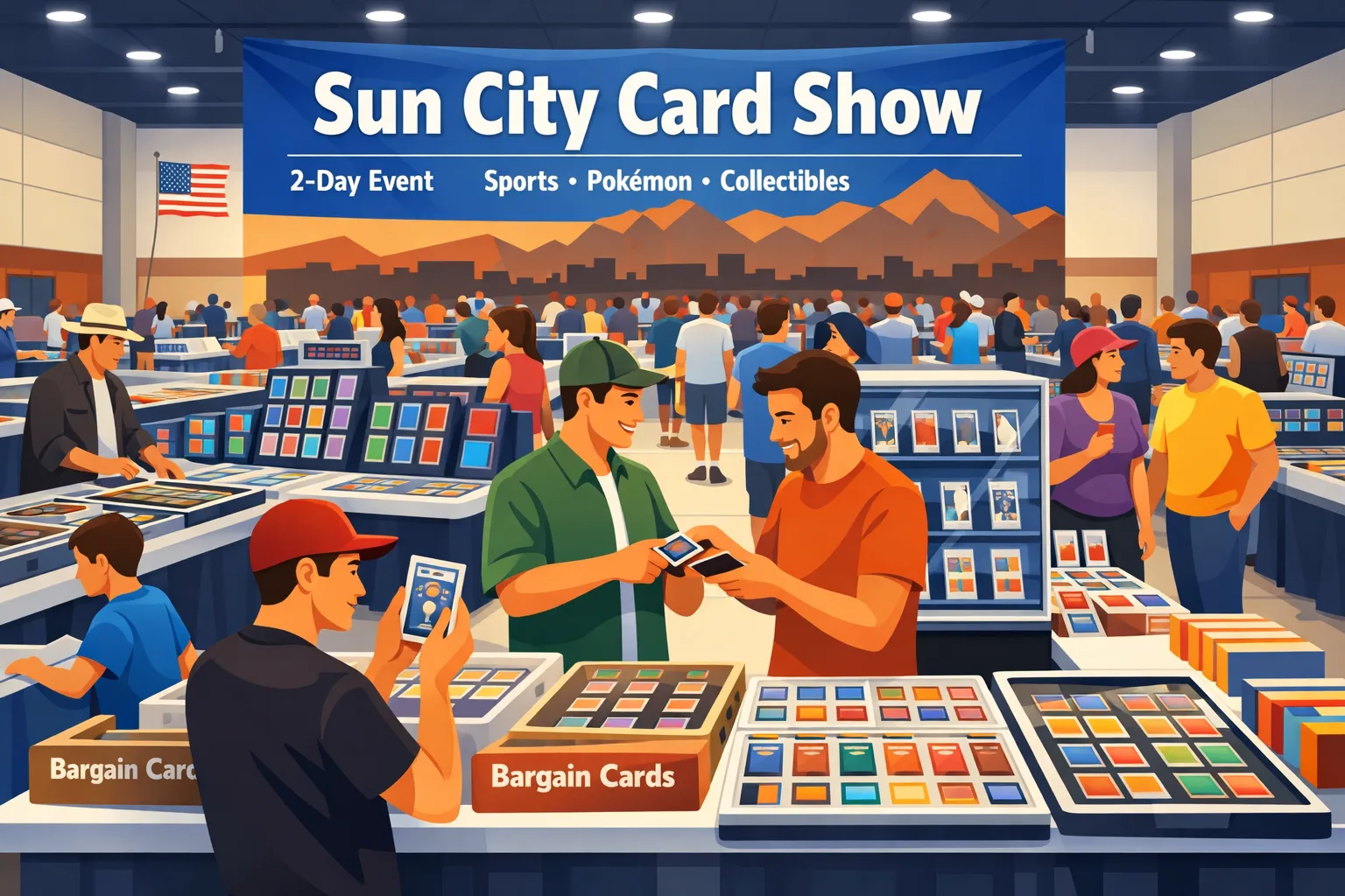 Sun City Card Show hero illustration showing a busy two-day card show at Starlight Event Center in El Paso, Texas, with vendor tables, display cases, sports cards, Pokémon-style cards, collectibles, and attendees browsing and trading in June 2026.
