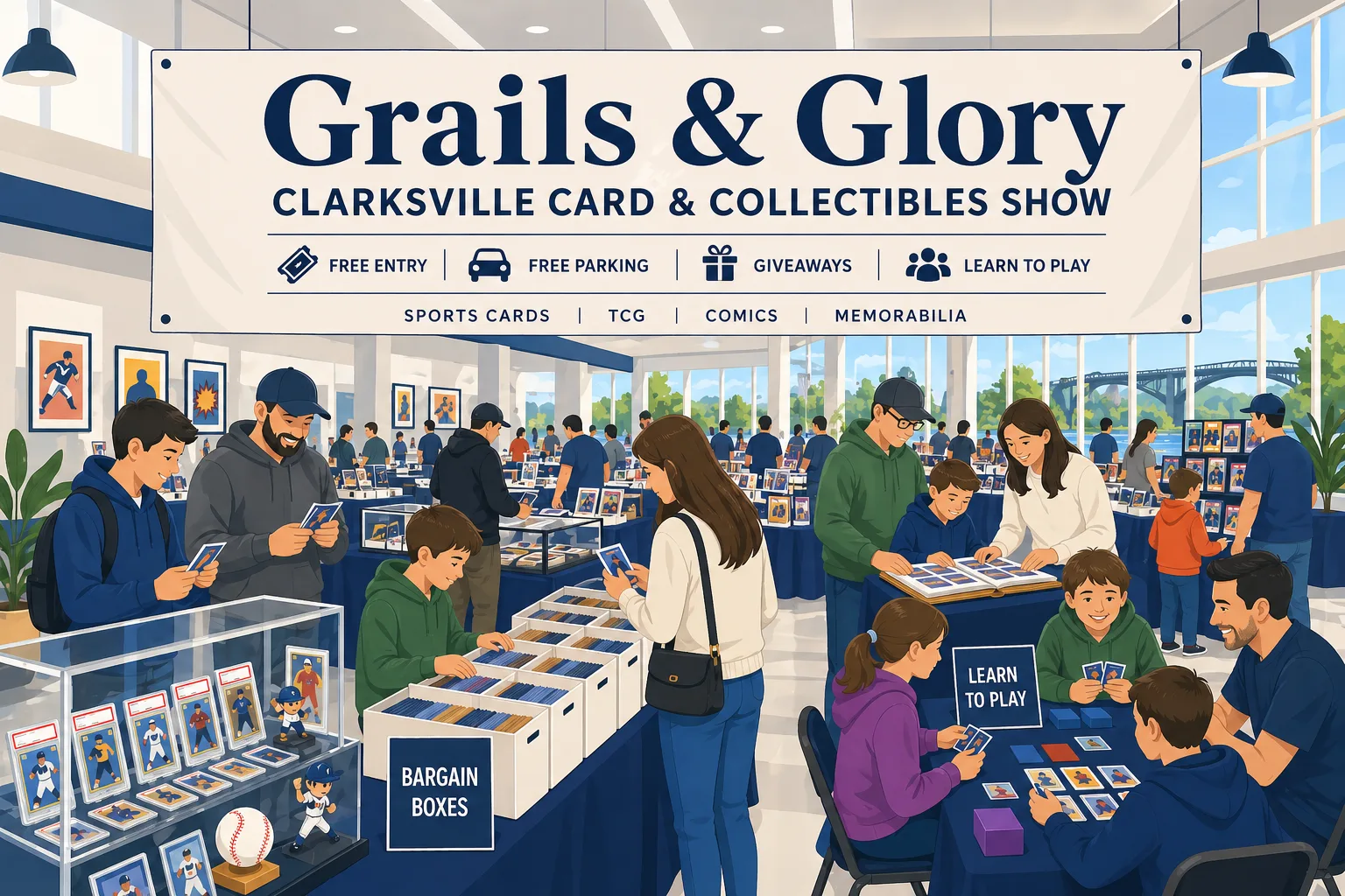 Grails & Glory card show in Clarksville: collectors browsing graded card displays, bargain boxes, $1 singles tables, and a Learn to Play kids area.