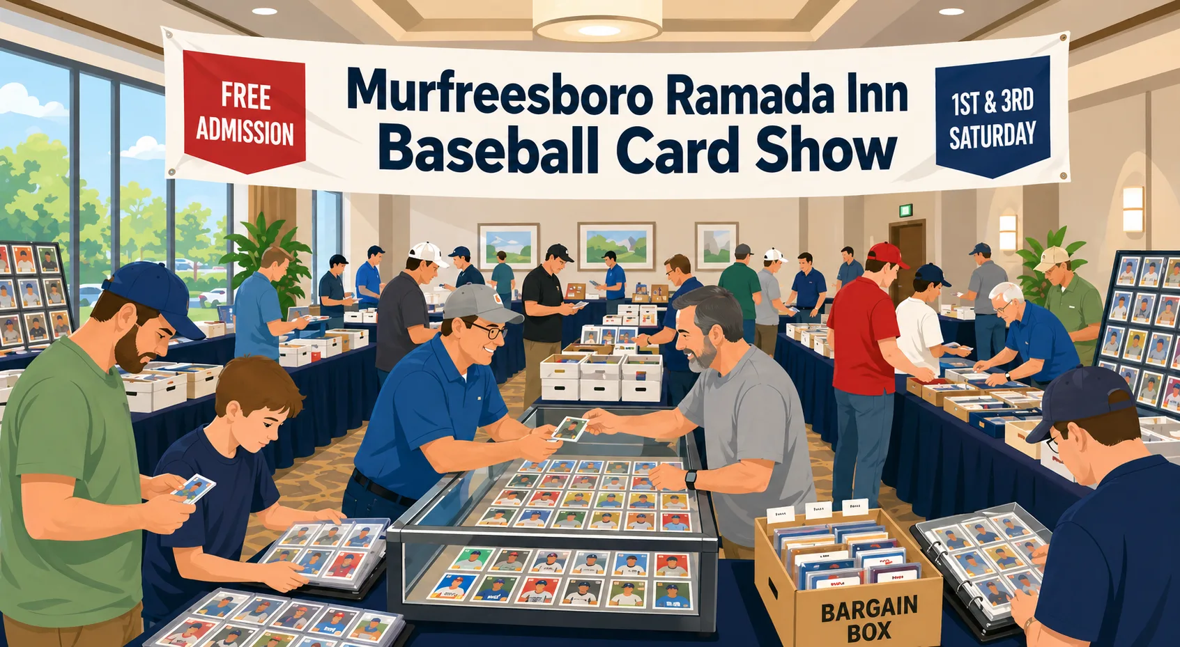 Murfreesboro Ramada Inn Baseball Card Show: a dealer handing a card to a buyer over a glass display case, with bargain box bins and binder browsing nearby.
