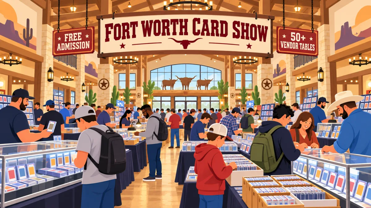 Illustration of collectors browsing vendor tables in a Fort Worth hotel event hall beneath a Fort Worth Card Show banner with free admission and 50+ vendor tables callouts.