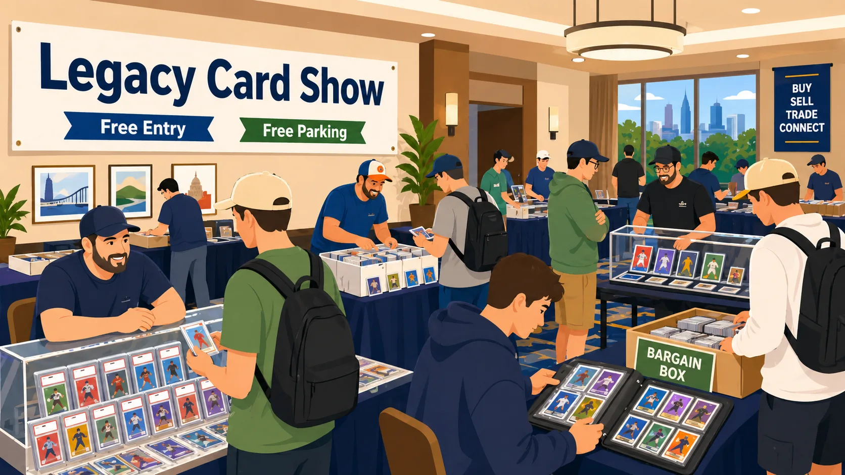 Legacy Card Show at a Domain-area hotel ballroom in Austin, TX — graded sports card cases, trading card binders, and a bargain box drawing collectors.