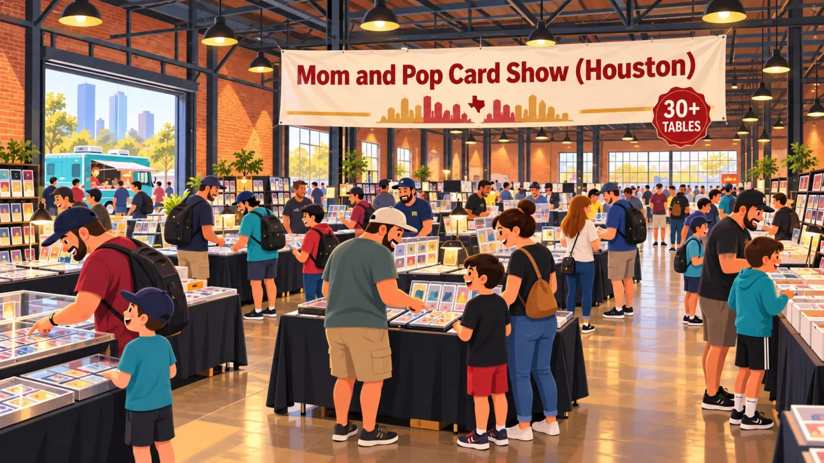 Adults and children browse trading card tables in a warmly lit industrial brewery beneath a Mom and Pop Card Show (Houston) banner. A food truck is visible through an open doorway.