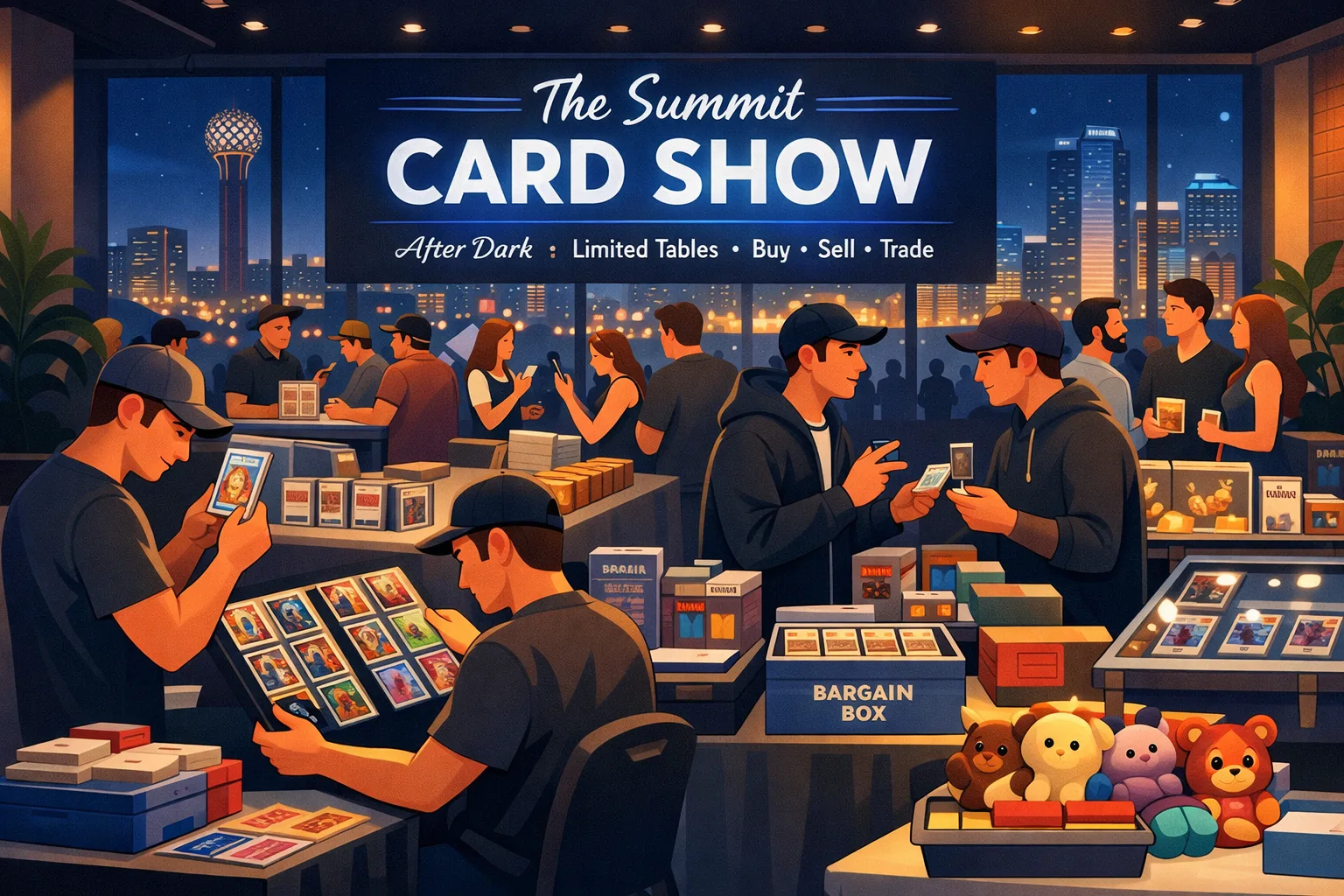 The Summit Card Show in Dallas, Texas, with collectors browsing trading card tables, graded slabs, display cases, toys, and comics during the April 2026 after-dark event at Gallery Defi.