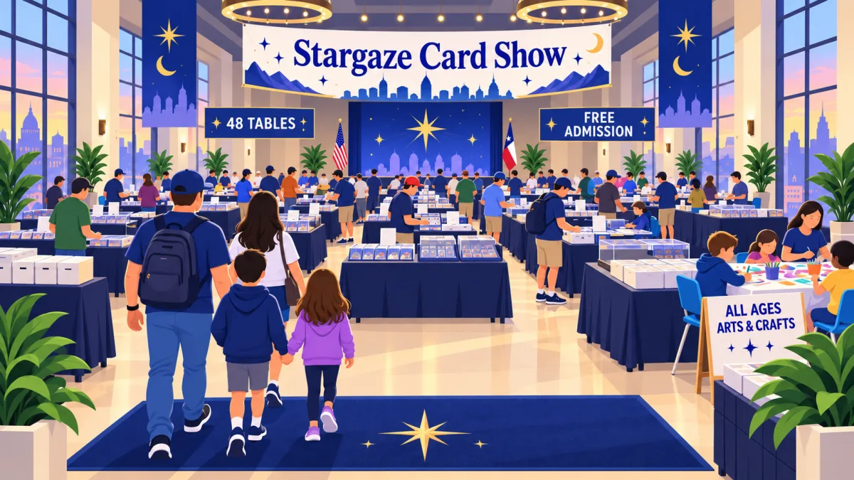 illustration of families and collectors browsing card tables and an arts and crafts station beneath a Stargaze Card Show banner inside an Austin veterans hall.