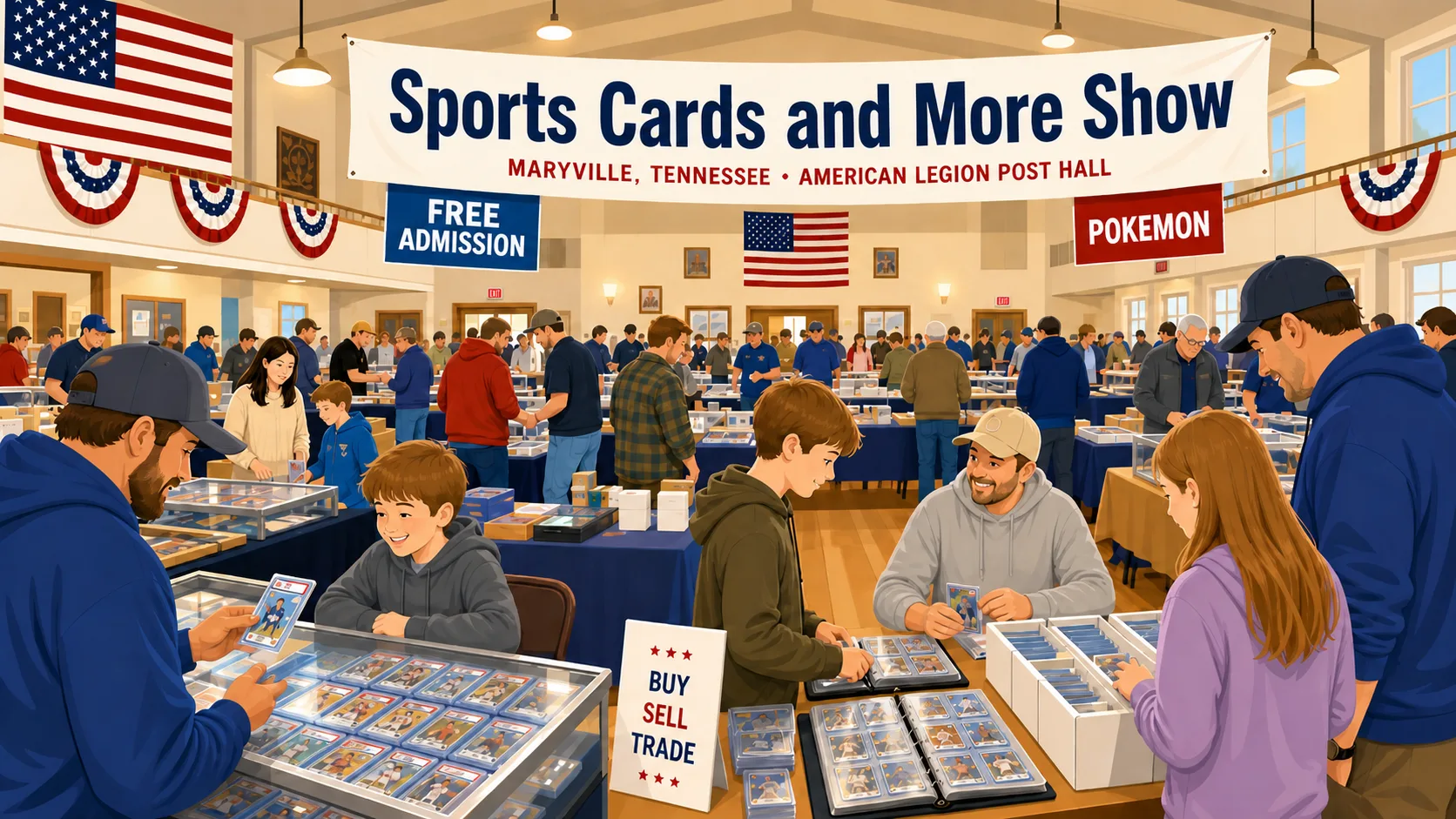 Sports Cards and More Show at American Legion Post Hall in Maryville, TN — families browsing graded card cases, binders of sports cards, and Pokémon dealer tables.