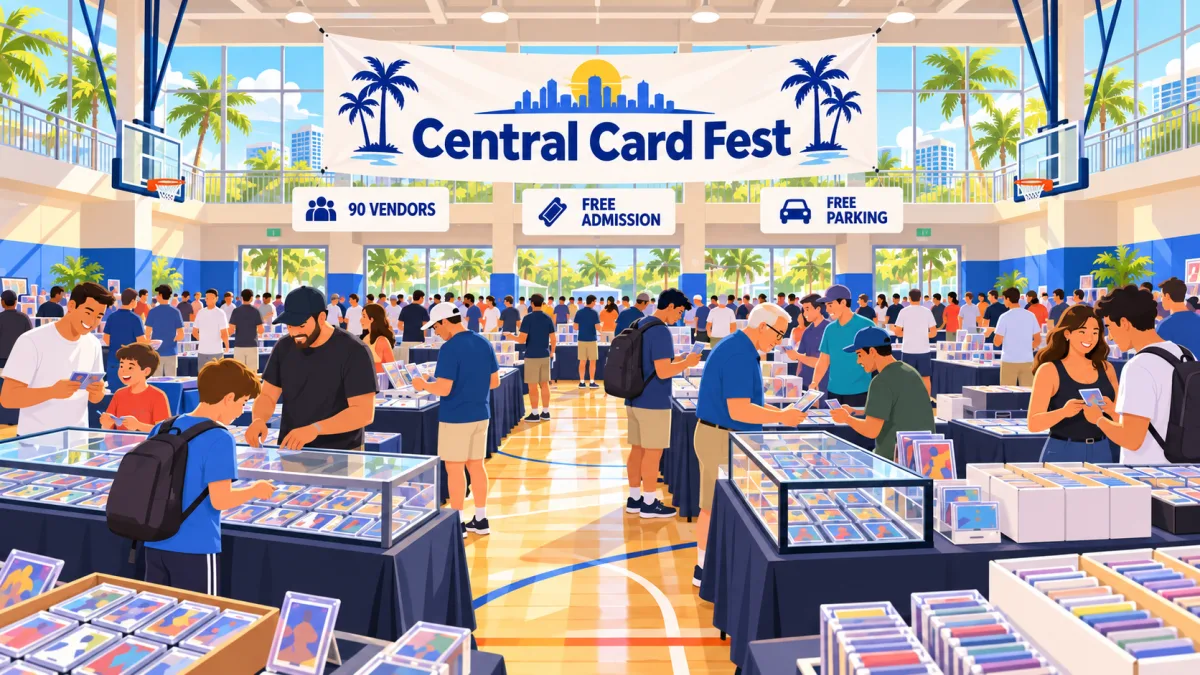 Illustration of collectors browsing vendor tables on an indoor basketball court beneath a Central Card Fest banner with free admission and free parking callouts.