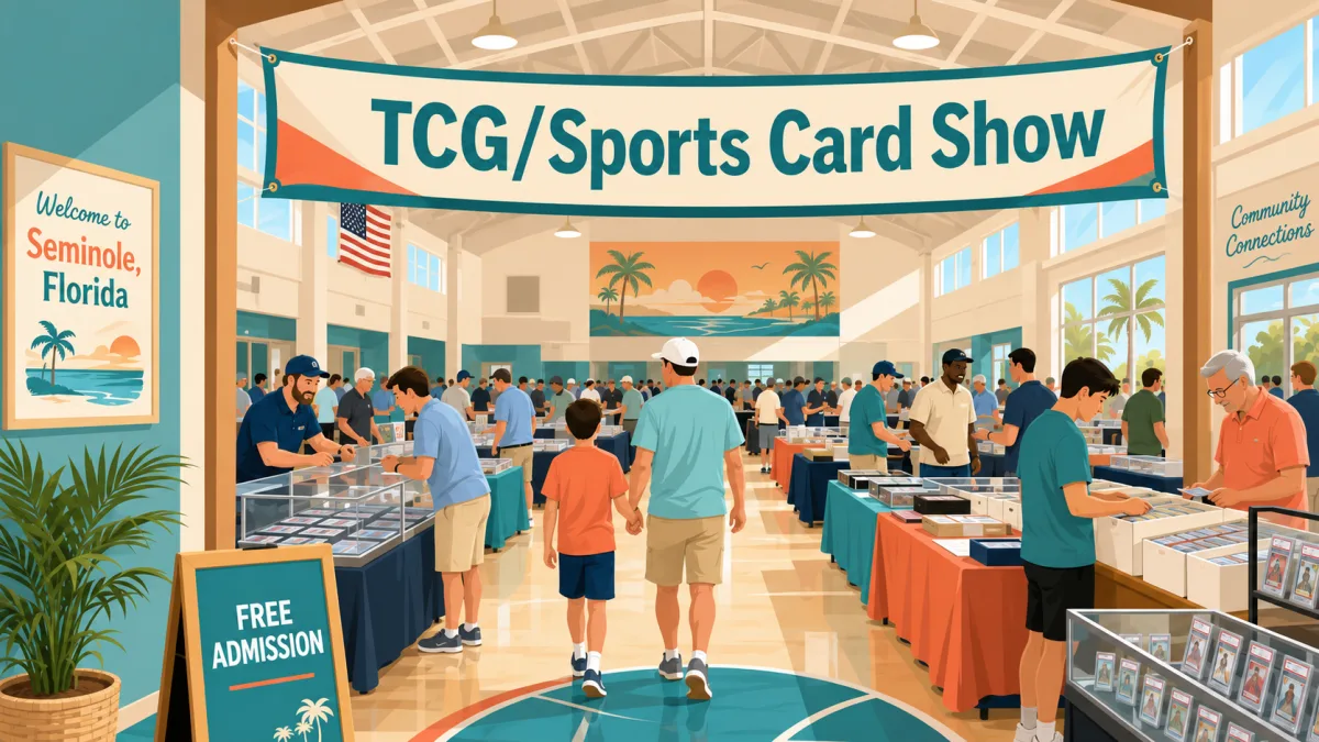 Illustrated interior of the TCG/Sports Card Show at a Seminole community recreation center, with collectors browsing card tables beneath a free-admission banner.