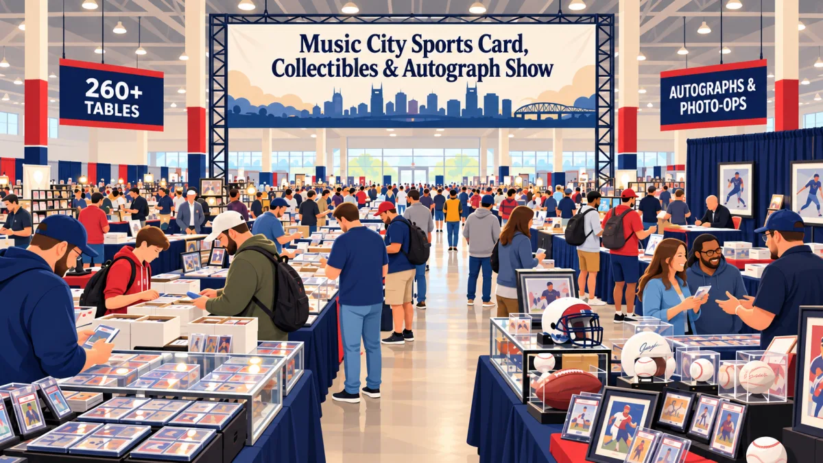 Collectors browse card tables and autograph memorabilia inside a large event hall beneath a Music City Sports Card, Collectibles & Autograph Show banner.