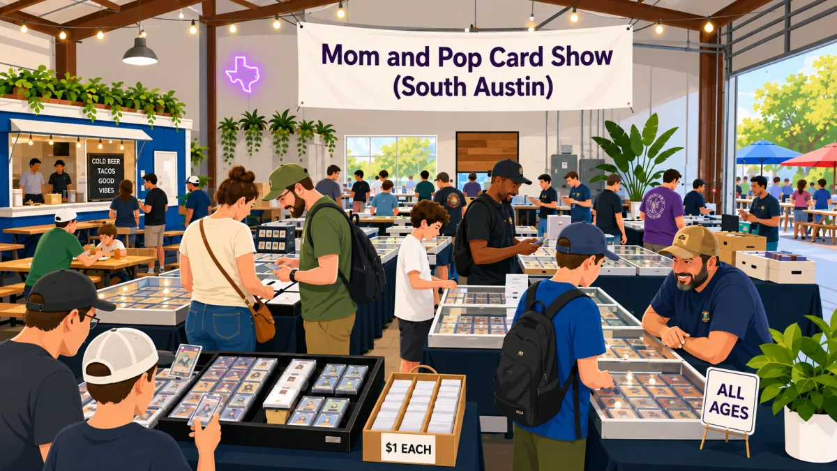 Families and collectors browse trading-card tables inside a bright South Austin venue beneath a Mom and Pop Card Show (South Austin) banner.