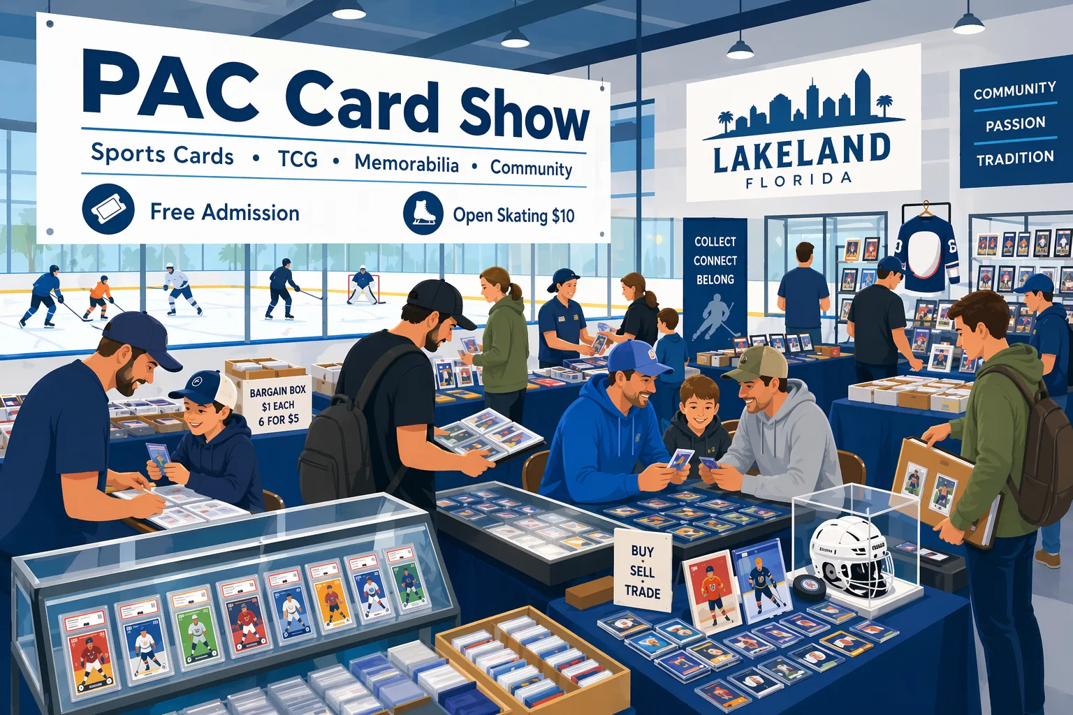 Illustration of the PAC Card Show in Lakeland, Florida, inside a community athletic complex with vendor tables, glass cases, sports cards, TCG binders, and collectors browsing near an ice-rink setting.