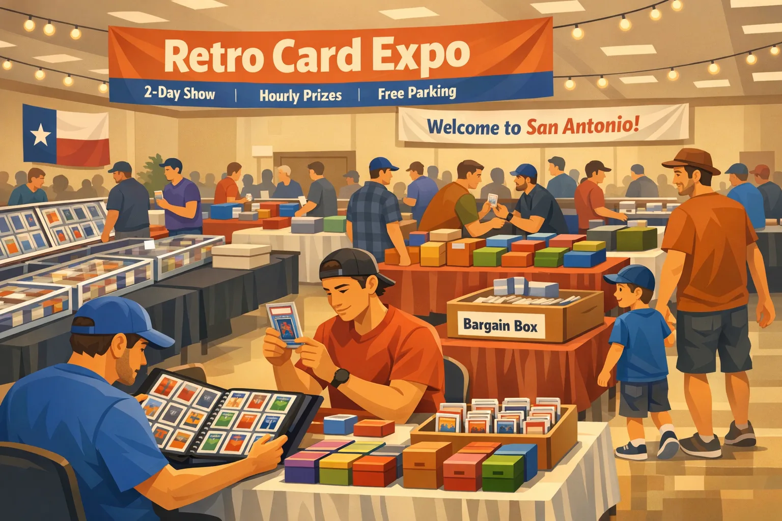 Retro Card Expo hero image showing a busy San Antonio card show at Ambassador Hall in April 2026, with vendor tables, sports cards, fantasy trading cards, display cases, bargain boxes, and collectors browsing in a lively event hall.