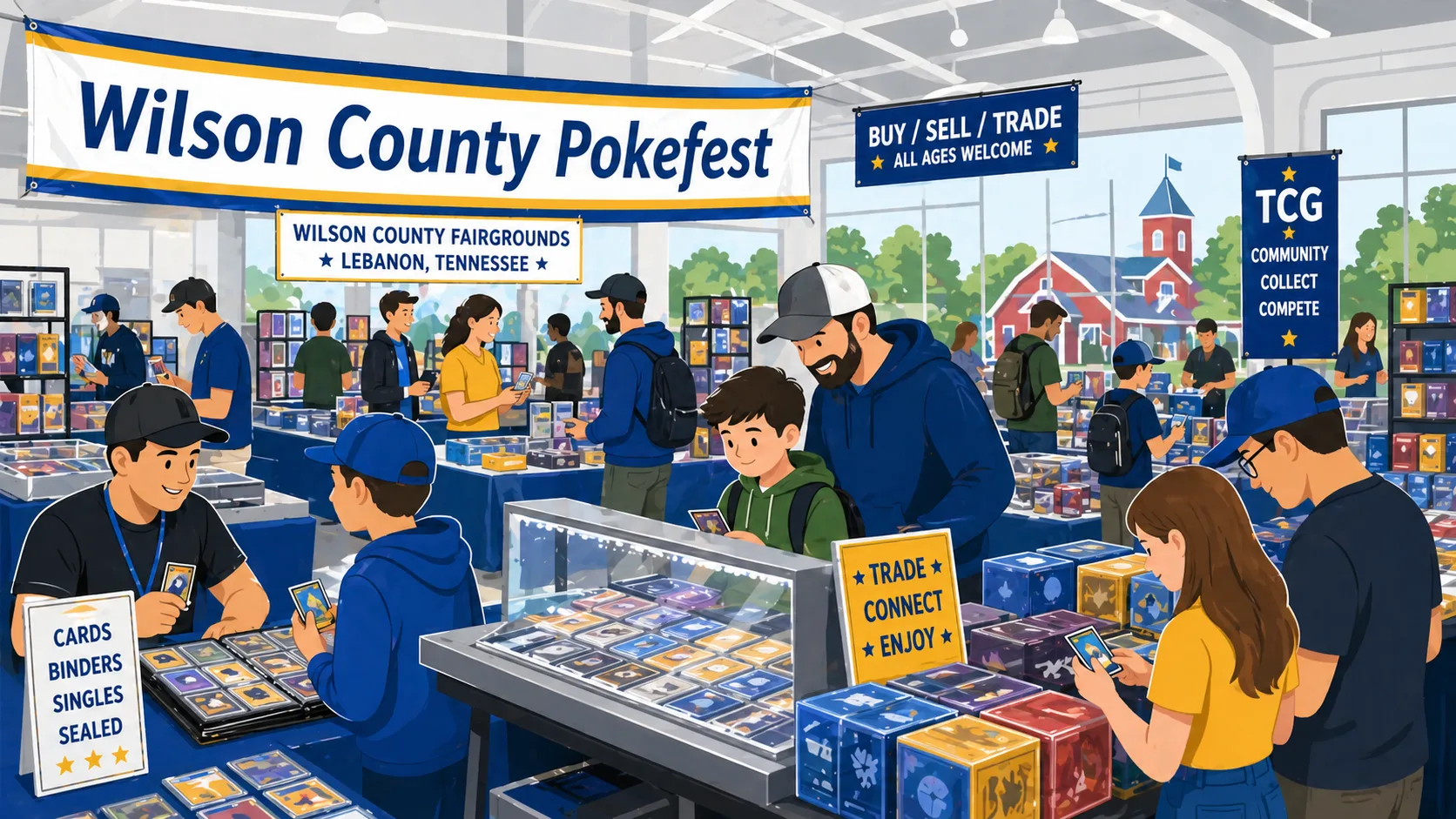 Wilson County Pokefest at the fairgrounds in Lebanon, TN, with families browsing graded card display cases, sealed booster boxes, and vendor tables.