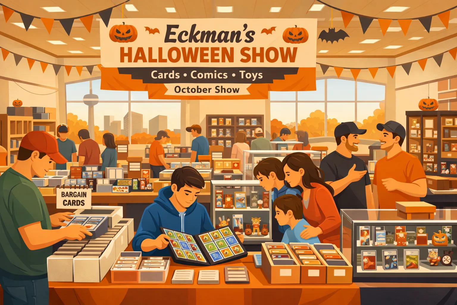 Eckman’s Halloween Show in San Antonio event hall with sports cards, Pokémon binders, comics, toys, display cases, and collectors browsing during the October 2027 collectibles show.