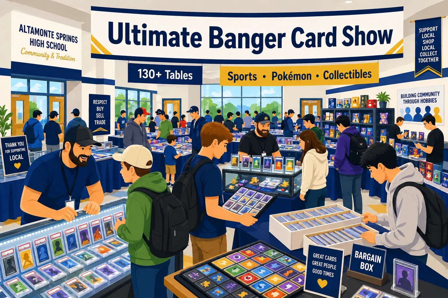 Ultimate Banger Card Show at Altamonte Springs High School, Florida — collectors browsing 130+ tables of graded sports cards, Pokémon, and bargain boxes.